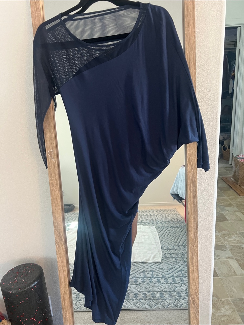BCBGMaxAzria Navy Asymmetric Mesh-Shoulder Mini Dress